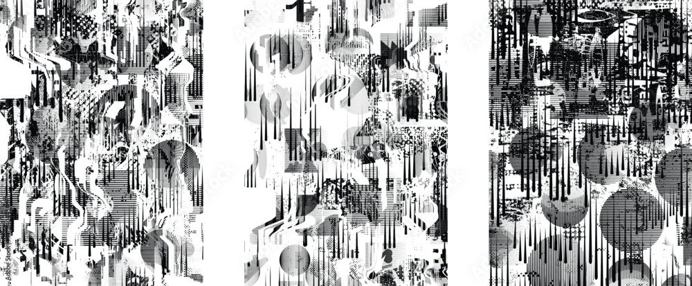 Aufkleber Background with glitch distorted grunge textures . grunge background texture with halftone dots, glitched shapes, textures and lines .Screen print vector background with grunge textured surface.