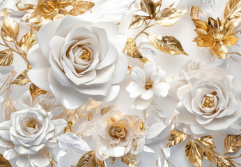 Opulent white and gold floral arrangement featuring sculpted roses with metallic highlights, intricate botanical details, and luminous gold elements, evoking sophisticated luxury decor