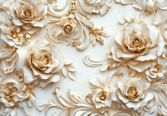 Refined floral relief featuring soft cream and gold roses with intricate metallic-accented petals, lush botanical ornamentation, and Baroque-inspired luxury decor, bathed in warm light reflections
