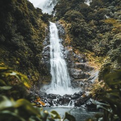 Fototapeta premium Serene waterfall cascading through lush forest in picturesque nature landscape