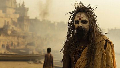 AI generator image of Hindu priest roaming the cremation grounds near the Ganges river,Masan Holi, Portrait of aghori priest performing aghor pooja at cremation ghat of manikarnika holi festival.