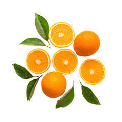 Fresh oranges and vibrant leaves, perfect for food packaging design, isolated on white background.