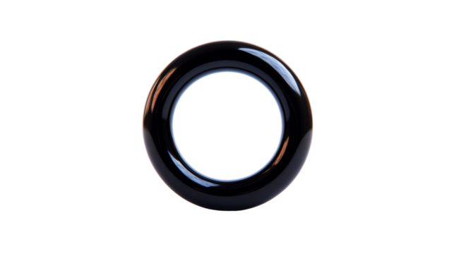 Glossy black torus shape isolated against black background, cut out transparent