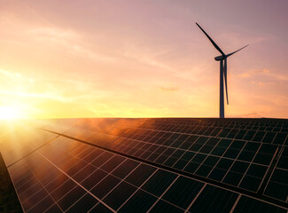  Solar panels park and wind turbines at sunset.Windmill turbines generating green energy...