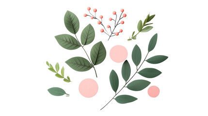 Naklejka premium Elegant sprigs and leaves with pink circles, minimal composition, cut out transparent