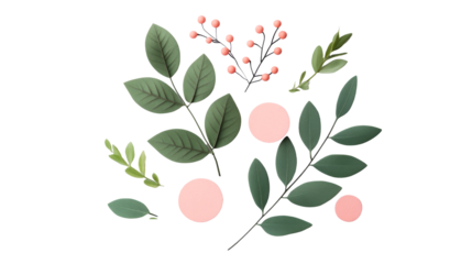 Elegant sprigs and leaves with pink circles, minimal composition, cut out transparent
