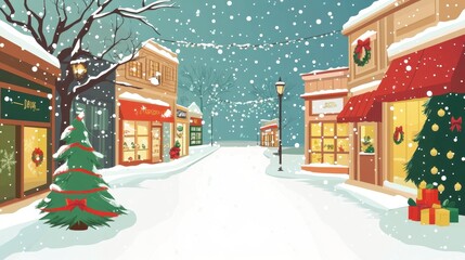 Fototapeta premium Snowy Christmas Street Scene: A charming illustration of a town street blanketed in snow, festively decorated with Christmas lights, wreaths, and a cheerful Christmas tree.