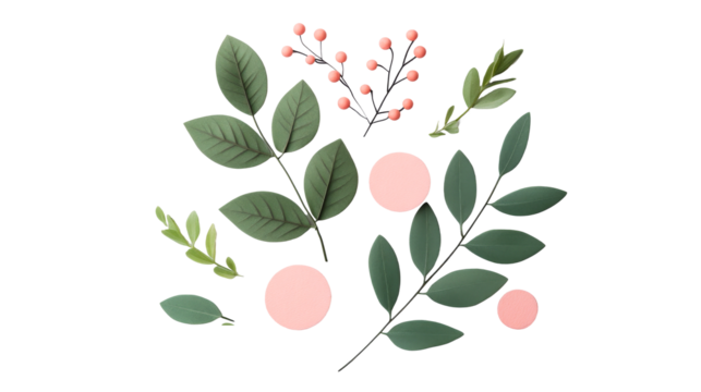 Elegant sprigs and leaves with pink circles, minimal composition, cut out transparent