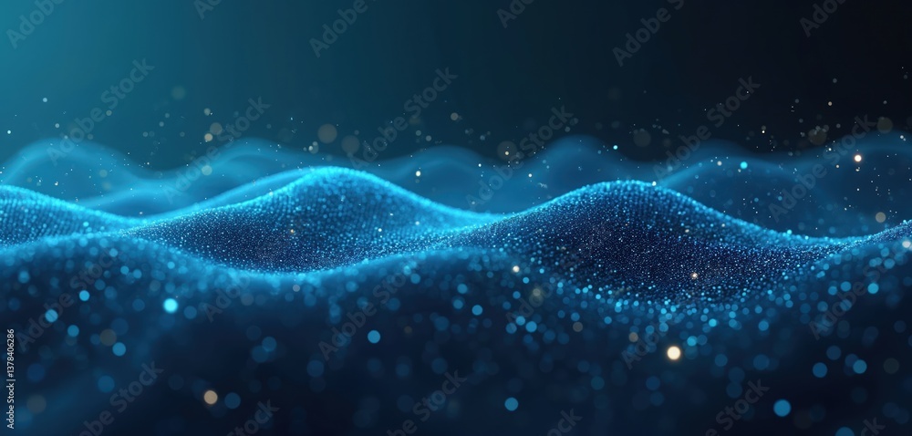 Poster abstract illustration depicts digital data flow. blue wave lines, particles, lights create futuristi