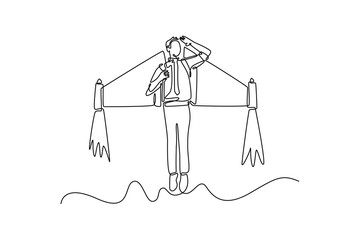 Businessman salutes horizon as he ascends with rocket boosters, symbolizing vision. personal goals. Personal goals concept. Single line draw design. Vector graphic illustration