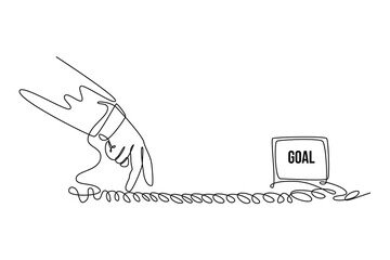 businessman walking his fingers along a length of rope or a tightrope towards his personal goals. personal goals. Personal goals concept. Single line draw design. Vector graphic illustration