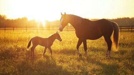 Golden Hour of Equine Bond: A tender moment as a mare and foal stroll through a sun-drenched pasture, embodying the warmth of familial love and serenity.