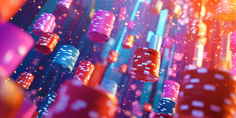 Colorful chips floating in a digital casino environment at night. Generative AI