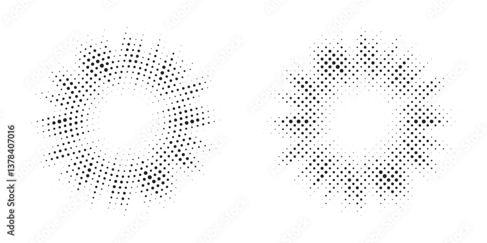 Poster Halftone circle frame background set. Round border Icon using halftone random circle. Grunge circular stain. Vector illustration.