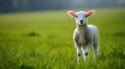 Fototapeta premium Lamb in Meadow: A cute lamb stands in a lush green meadow under soft sunlight. The lamb's innocent eyes meet the viewer, embodying the tranquility of nature and new beginnings.