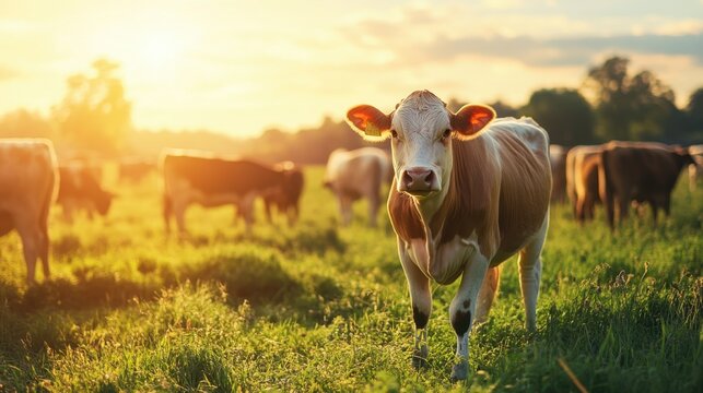 Cattle Grazing in the Sunset: A herd of cattle graze peacefully in a sun-drenched field, with a single cow in the foreground looking directly at the viewer, evoking a sense of rural tranquility.