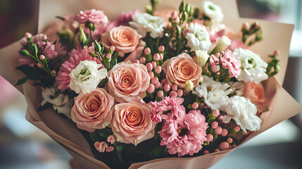 Beautiful bouquet of pink and white flowers creating a soft summer ambiance. Generative AI