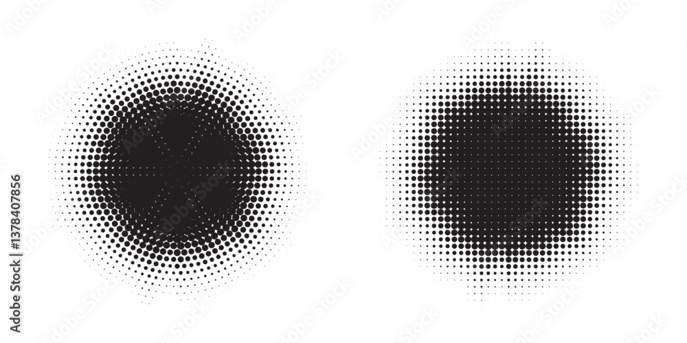 Poster Halftone circle frame background set. Round border Icon using halftone random circle. Grunge circular stain. Vector illustration.