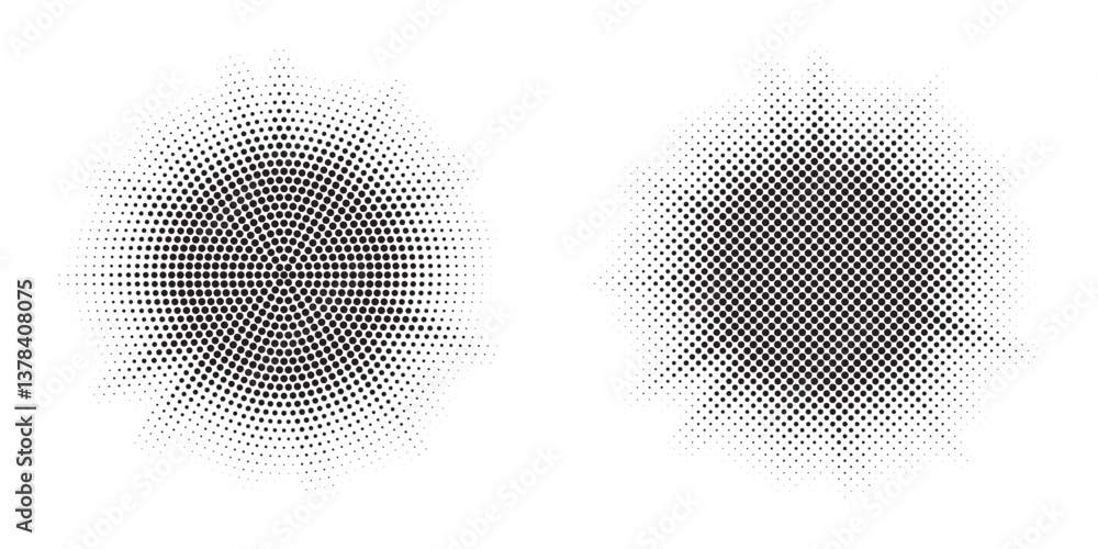 Poster Burst halftone light effect. Glowing light burst halftone circle. Abstract grunge halftone dots background. 