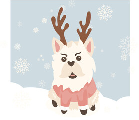 Fluffy Llama with Antlers and Scarf in Snow