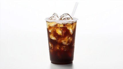 Refreshing Iced Coffee Drink in Plastic Cup with Ice Cubes and Straw Perfect for Summer Refreshment Beverage Photography Studio Shot Cool Brown Beverage cold food menu blog life white image still     