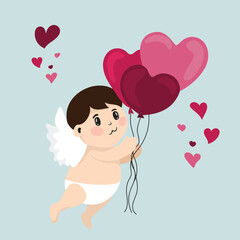Cute Cupid Holding Heart Balloons