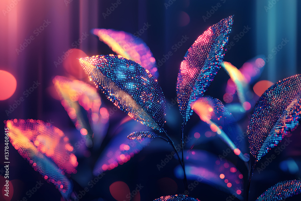 Poster abstract digital plants with glitched pixels creating a vibrant backdrop. generative ai