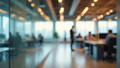 Blurred modern office interior with glass walls. Bright open space for business professionals. Working environment with natural light. Workspace with desks, technology and people.