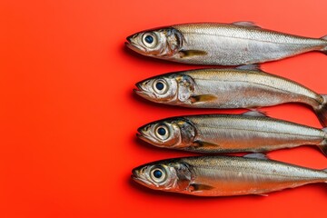 Fototapeta premium Four silver fish are arranged in a neat horizontal row