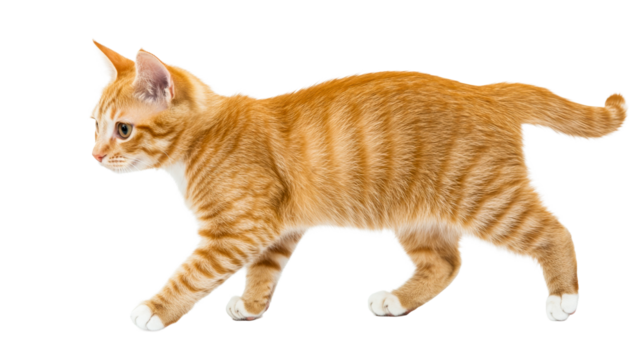 Orange tabby cat walking, cut out transparent