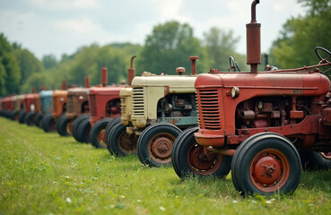 Row old rusty agricultural tractors parked on green grass. Dilapidated vintage farm equipment stand lined up. Antique machinery on rural countryside, agriculture past. Classic heavy vehicles outdoors.