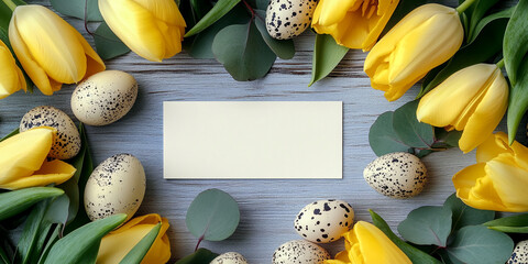 Yellow tulips, speckled quail eggs, and eucalyptus leaves surround a blank card on a rustic wooden background, suggesting a spring or Easter theme, ideal for greetings or announcements
