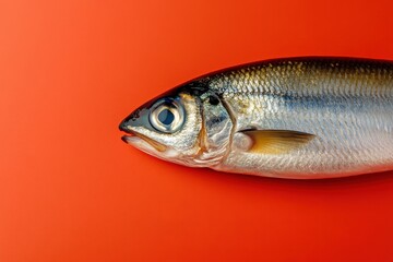 Fototapeta premium A close up image of a silver fish on red background