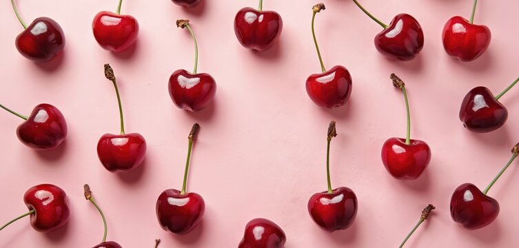 Bright red cherries on pastel pink background. Fresh summer fruit berries in flat lay top view. Sweet cherry dessert food macro pattern, perfect design for healthy eating content.