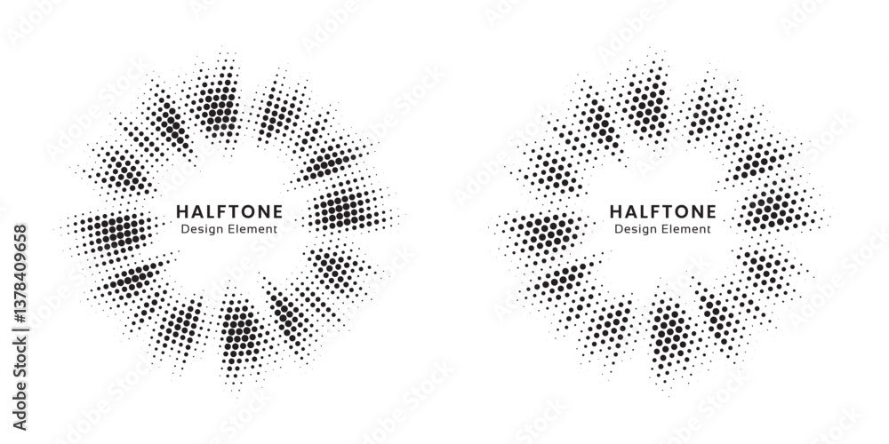 Poster Halftone circle frame background set. Round border Icon using halftone random circle. Grunge circular stain. Vector illustration.