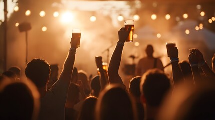 Happy Crowd Cheers Beer at Sunset Music Festival Enjoying Live Concert