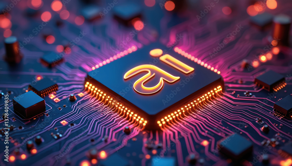 Poster ai chip concept attached to digital circuit board. modern, futuristic illustration of artificial int