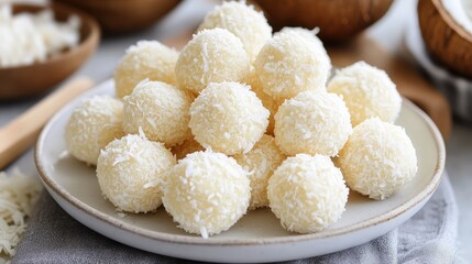 Sweet coconut balls nestled on a plate, ready to enjoy. Simple elegance with a rustic wooden spoon