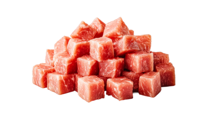Raw meat cubes piled high, fresh cuts of meat, diced beef, cut out transparent