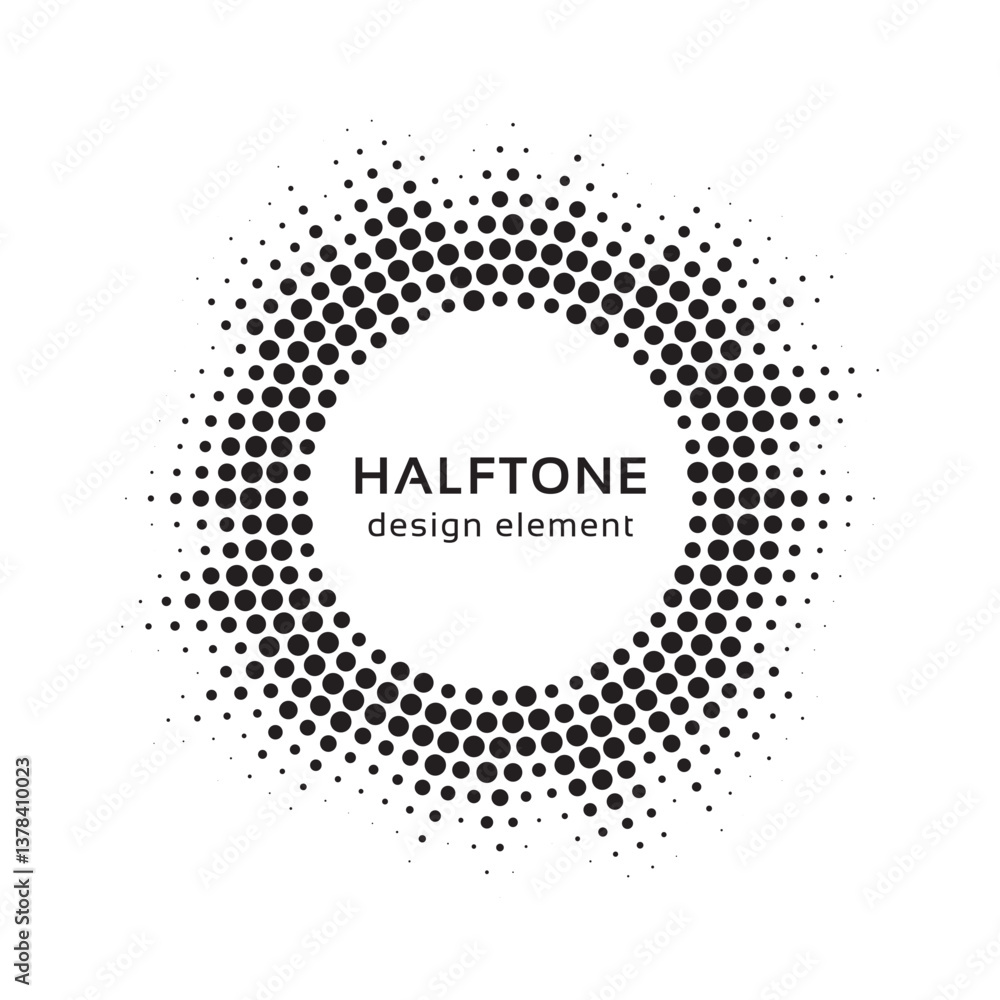 Poster Halftone circle frame background set. Round border Icon using halftone random circle. Grunge circular stain. Vector illustration.