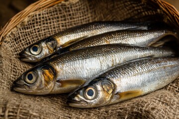 Obraz premium Four fresh fish laying together inside a woven basket