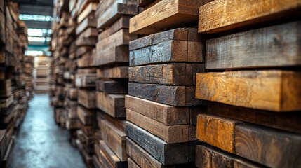 neatly stacked wooden planks inside warehouse 