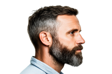 Bearded middle-aged man profile portrait on black background, cut out transparent