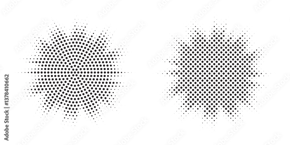 Poster Halftone circle frame background set. Round border Icon using halftone random circle. Grunge circular stain. Vector illustration.