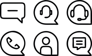 Minimalist Message, Support, Call and Contact Icon Set in Black on Transparent Background