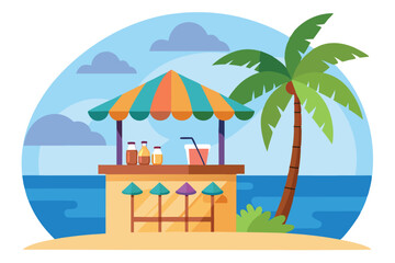 Beach Bar with Palm Tree, Sea, Tropical Drink, and Striped Awning