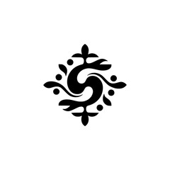 Ornamental S-Shaped Floral Emblem in Black on Cream, Minimalist Design