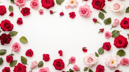 Vibrant floral arrangement featuring red and pink roses elegant display botanical art indoor setting top-down view nature's beauty