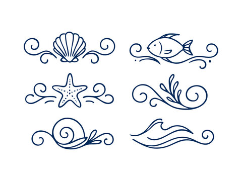 Nautical vector flourishes and ornamental swirls with marine elements on white background