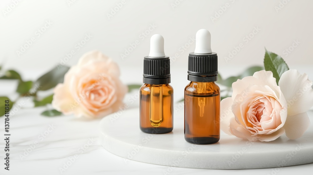 Poster essential oil bottles with roses displayed on a marble surface in a calming setting